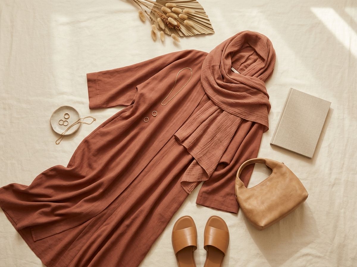 Abaya styled with a hijab, flat-lay on a neutral background
