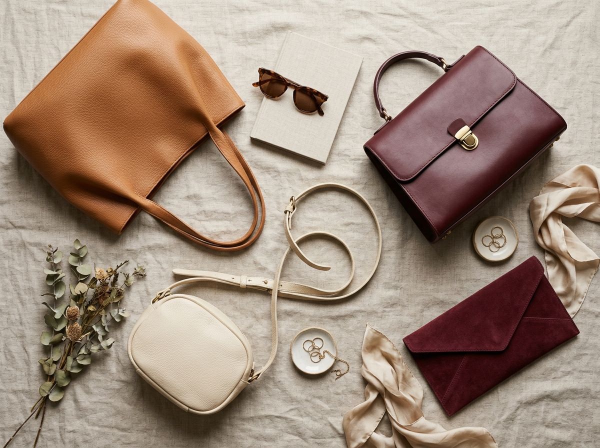 Women's handbags flat-lay on a neutral surface